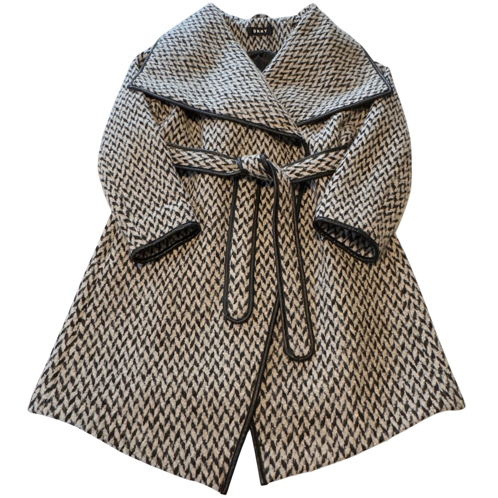 DKNY Women's Black‎ White Chevron Wool Blend Wrap Coat Shawl Collar Large Classy
